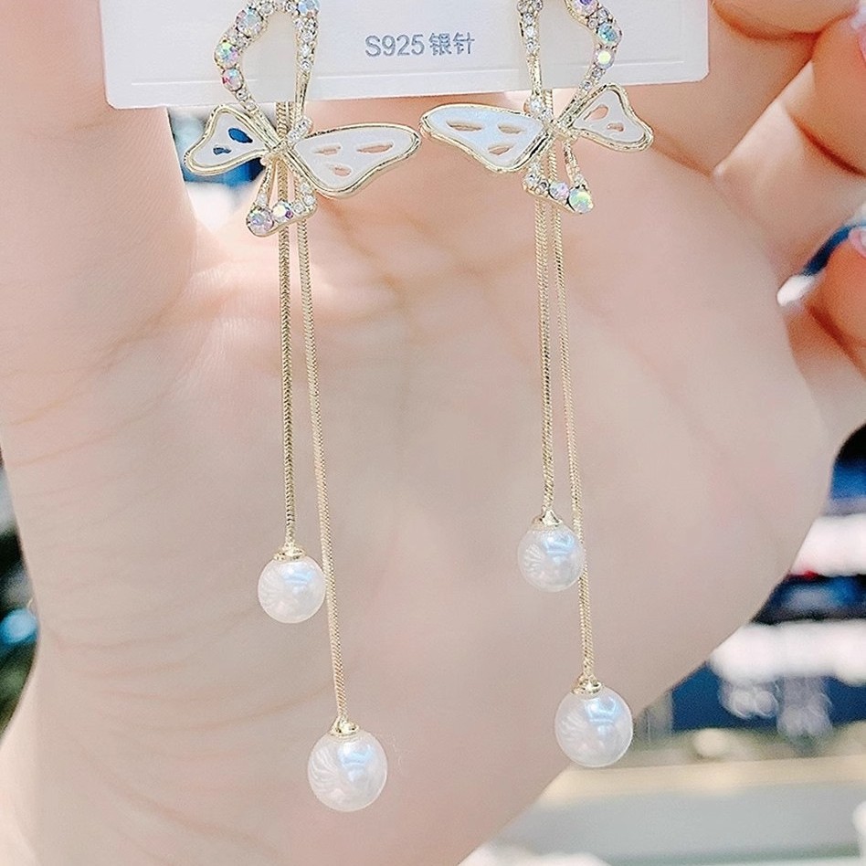 日韩新款多戴式蝴蝶流苏s925银针耳环小