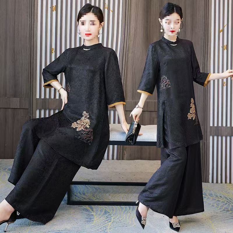中国风旗袍套装秋季新款洋气妈妈真丝香云纱