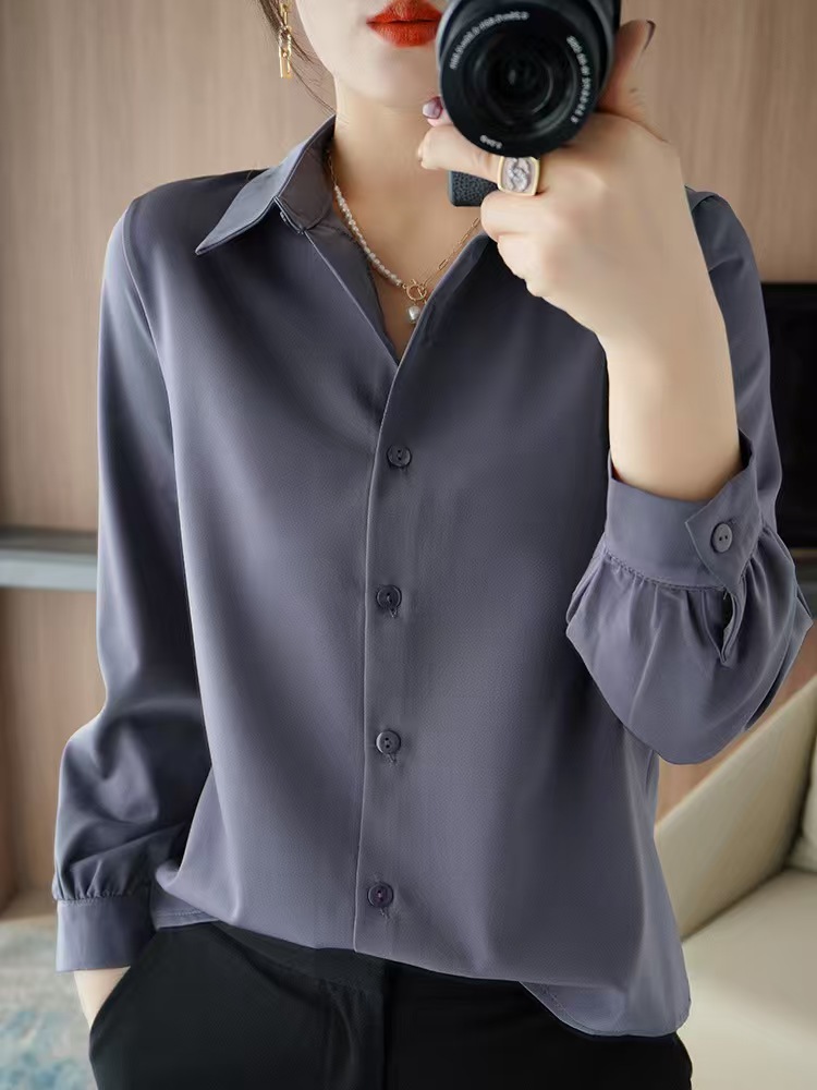  春夏新款丝绸缎衬衫女时尚气质POLO领