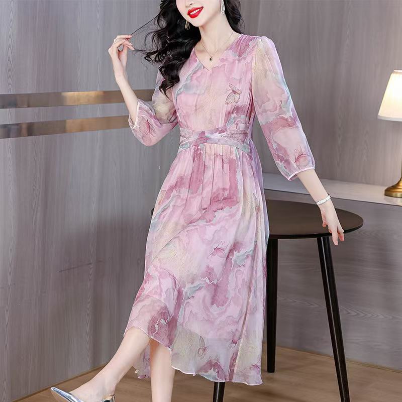 品质保证减龄中年女真丝连衣裙夏季新款温柔